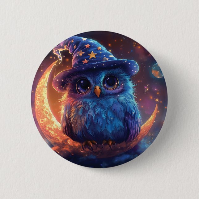 Cute Owl Wizard on the Moon: Magical Fantasy Art Button (Front)