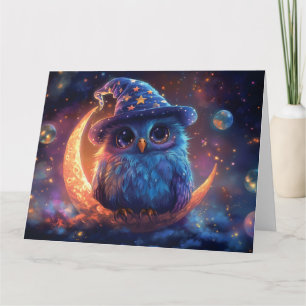 Cute Owl Wizard on the Moon: Magical Fantasy Art Card