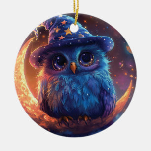 Cute Owl Wizard on the Moon: Magical Fantasy Art Ceramic Ornament
