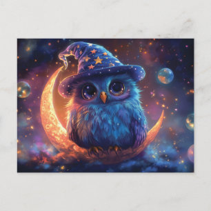 Cute Owl Wizard on the Moon: Magical Fantasy Art Holiday Postcard