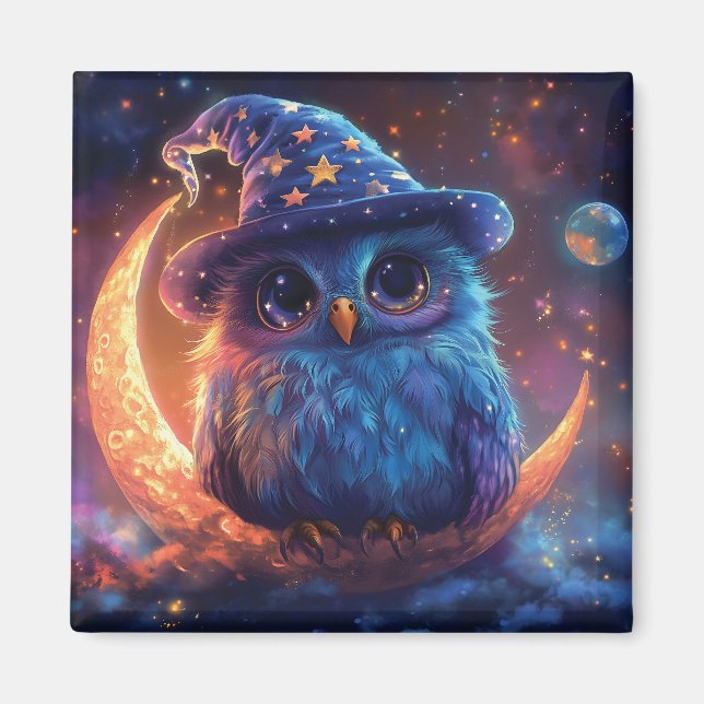 Cute Owl Wizard on the Moon: Magical Fantasy Art Magnet (Front)
