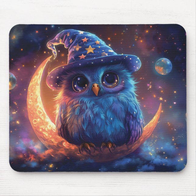 Cute Owl Wizard on the Moon: Magical Fantasy Art Mouse Pad (Front)