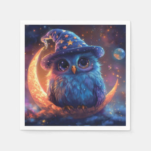 Cute Owl Wizard on the Moon: Magical Fantasy Art Napkins