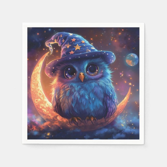 Cute Owl Wizard on the Moon: Magical Fantasy Art Napkins (Front)