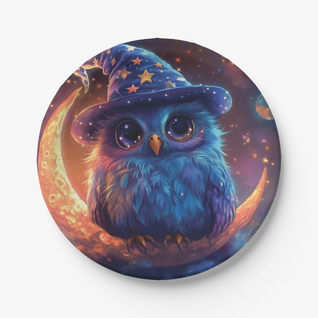 Cute Owl Wizard on the Moon: Magical Fantasy Art Paper Plates (Front)