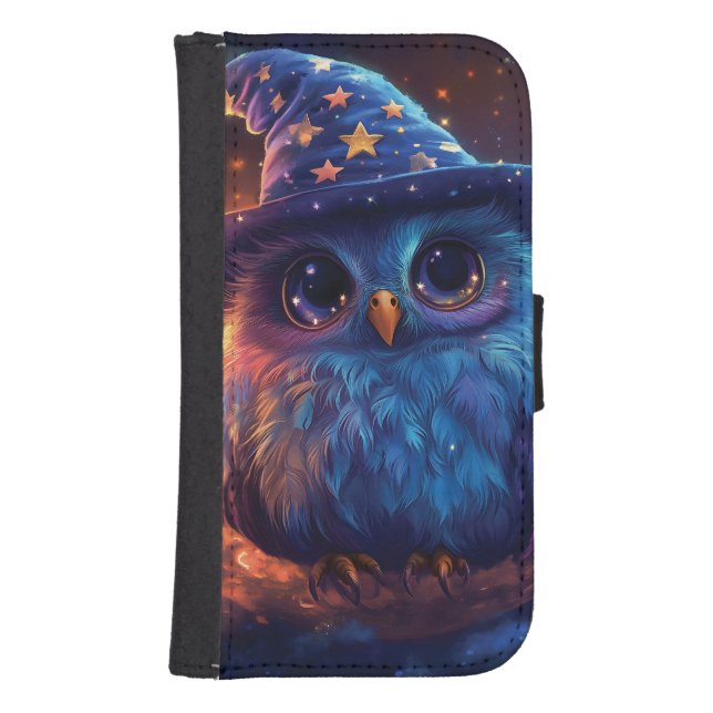 Cute Owl Wizard on the Moon: Magical Fantasy Art Samsung Galaxy Wallet Case (Front)