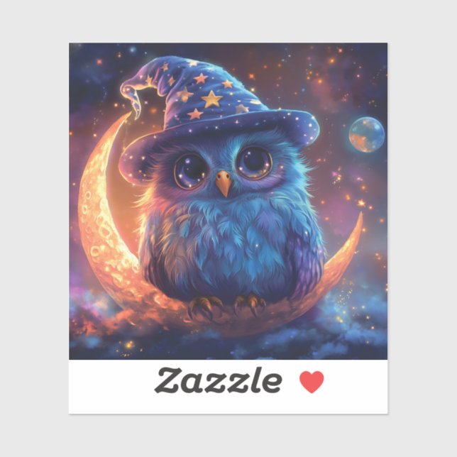 Cute Owl Wizard on the Moon: Magical Fantasy Art Sticker (Sheet)