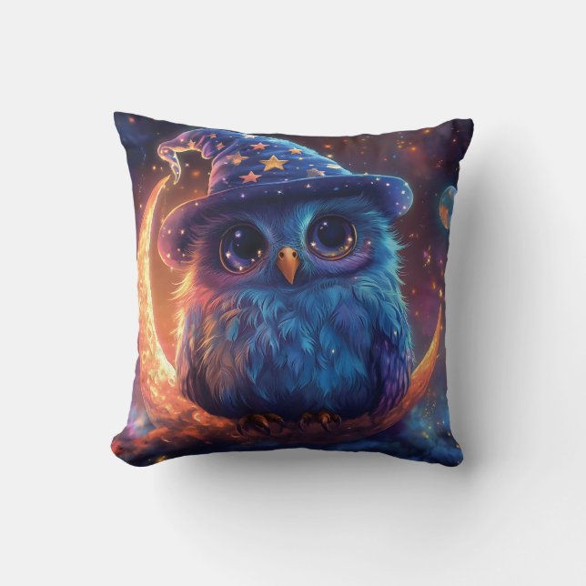 Cute Owl Wizard on the Moon: Magical Fantasy Art Throw Pillow (Front)