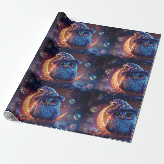 Cute Owl Wizard on the Moon: Magical Fantasy Art Wrapping Paper (Unrolled)