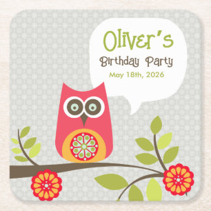 Cute Owl Woodland Birthday Party Invitation Square Paper Coaster