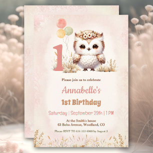Cute Owl Woodland Boho Girl 1st Birthday Invitation