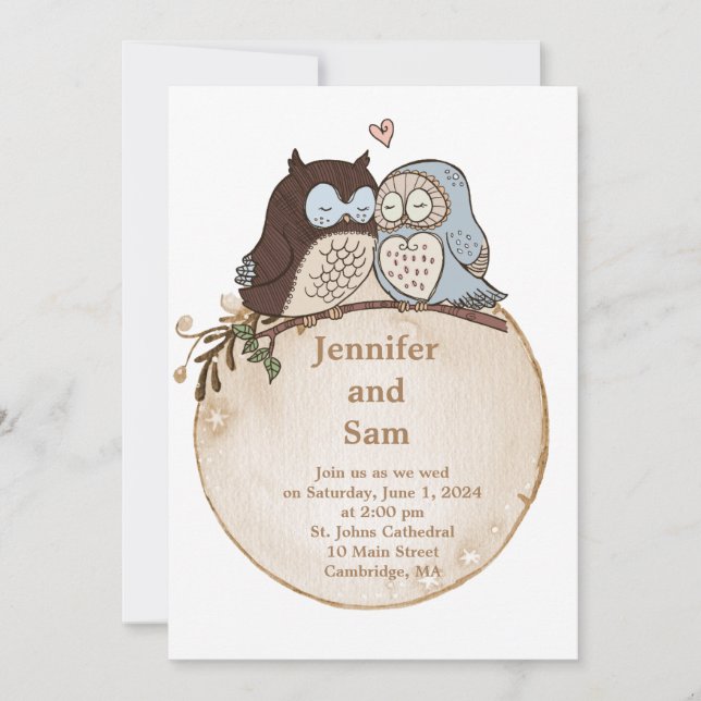 Cute Owl Woodland Rustic Wedding Invitation (Front)