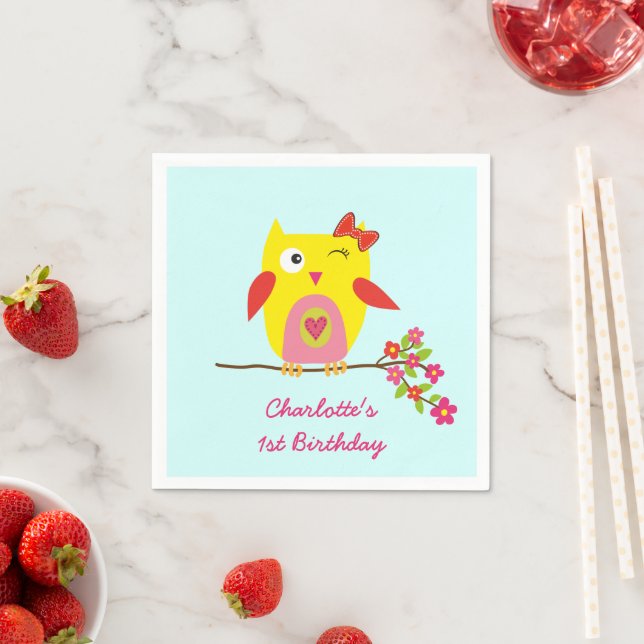 Cute Owl Yellow Pink Flowers Personalized Birthday Paper Napkins (Insitu)
