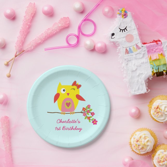 Cute Owl Yellow Pink Flowers Personalized Birthday Paper Plates (Party)