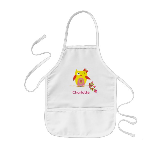 Cute Owl Yellow Pink Flowers Personalized Kids' Apron (Front)