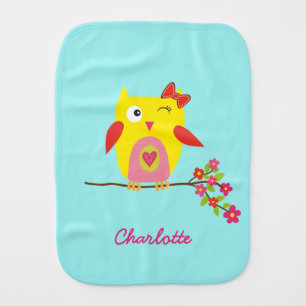 Cute Owl Yellow Pink Flowers Personalized Name Baby Burp Cloth
