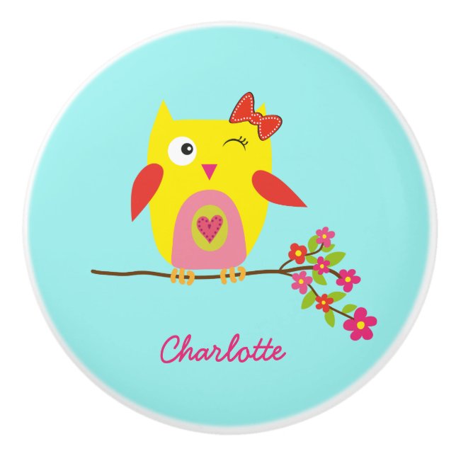 Cute Owl Yellow Pink Flowers Personalized Name Ceramic Knob (Front)