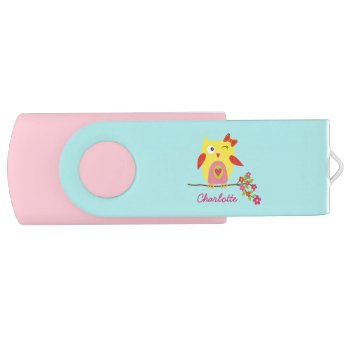 Cute Owl Yellow Pink Flowers Personalized   Name  Flash Drive by DesignByLang at Zazzle