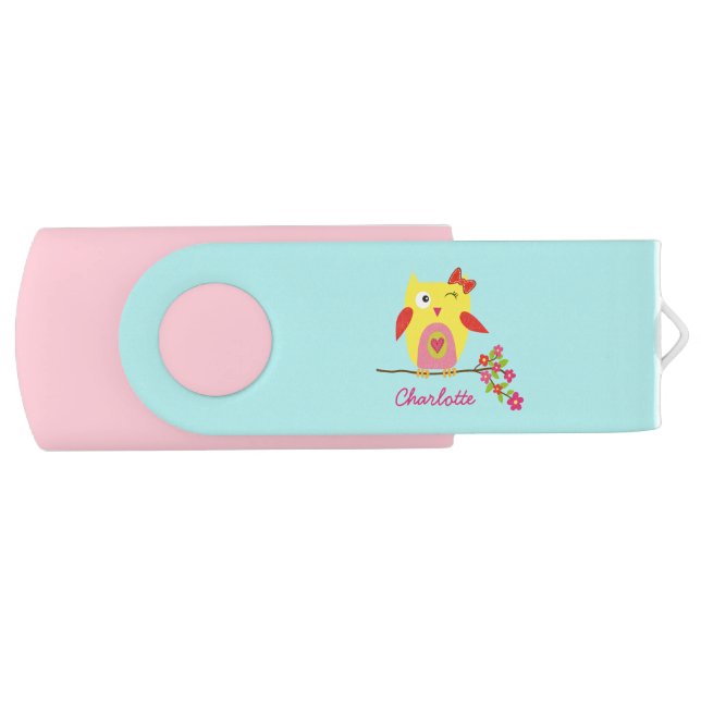 Cute Owl Yellow Pink Flowers Personalized + Name  Flash Drive (Front)