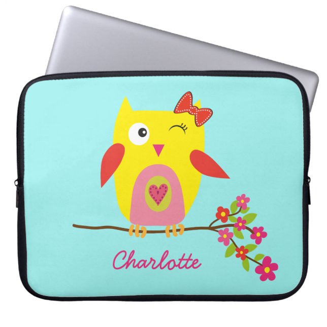 Cute Owl Yellow Pink Flowers Personalized Name Laptop Sleeve (Front)