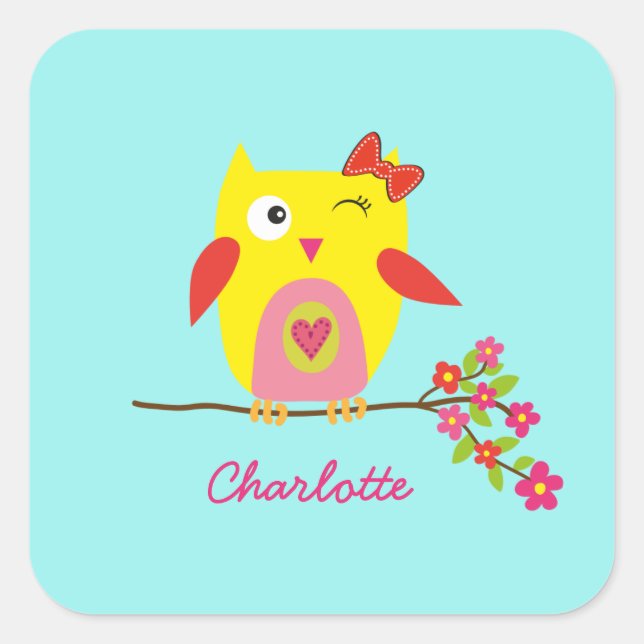 Cute Owl Yellow Pink Flowers Personalized Name Square Sticker (Front)