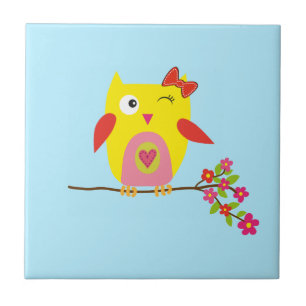 Cute Owl Yellow Pink Illustration Ceramic Tile