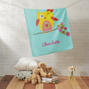 Cute Owl Yellow Pink Illustration Customizable Baby Blanket