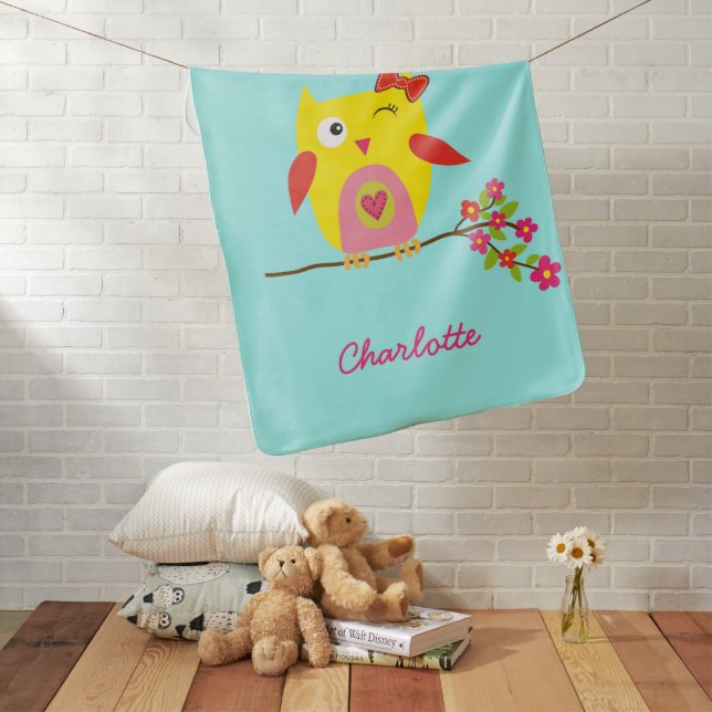 Cute Owl Yellow Pink Illustration Customizable Baby Blanket (In Situ)