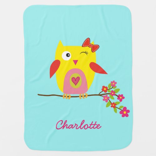 Cute Owl Yellow Pink Illustration Customizable Baby Blanket