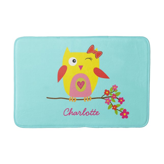 Cute Owl Yellow Pink Illustration Customizable Bathroom Mat (Front)