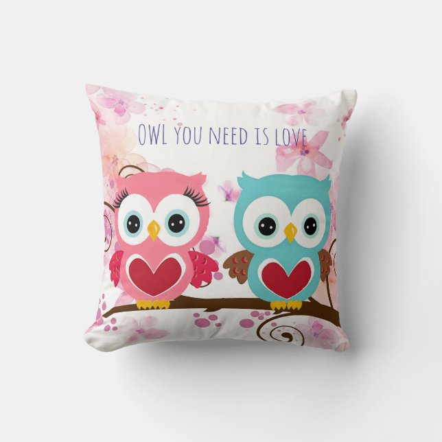Cute Owl You Need is Love Flowers Cotton Throw Pillow (Front)