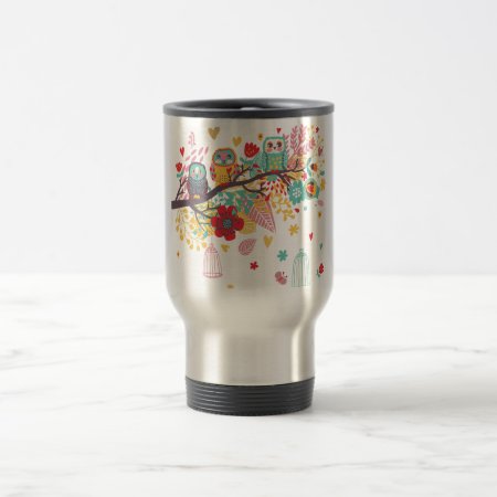 Cute Owls And Colourful Floral Image Background Travel Mug