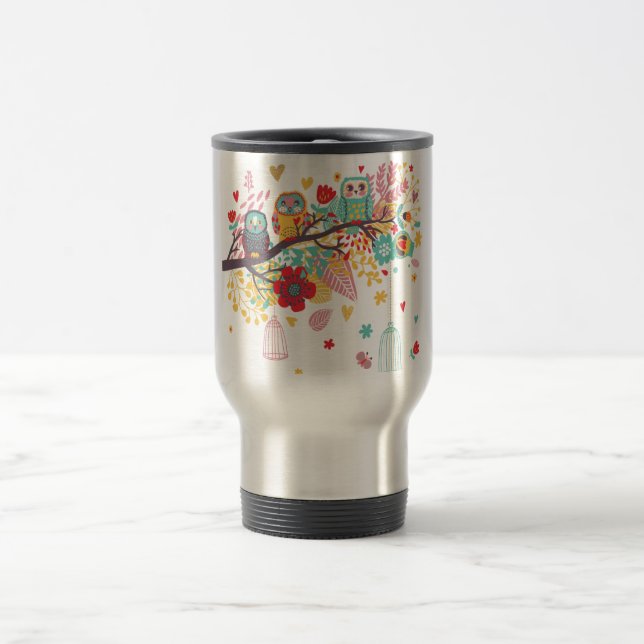Cute Owls and colourful floral image background Travel Mug (Center)