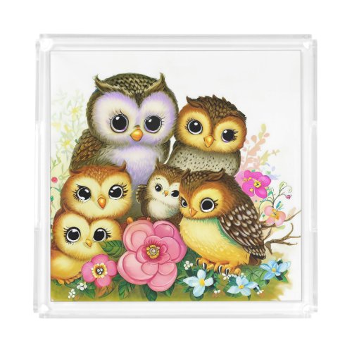 Cute owls and flowers acrylic tray