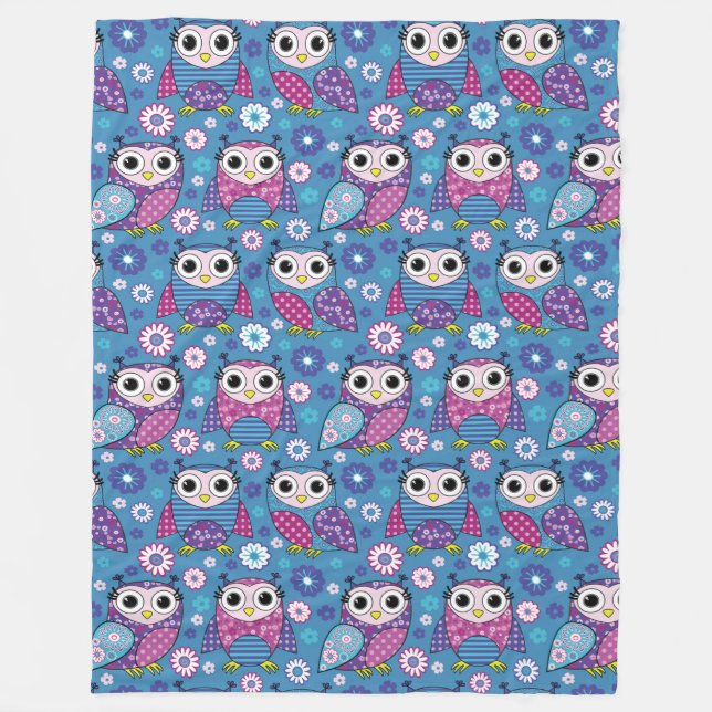 Cute Owls And Flowers Fleece Blanket (Front)