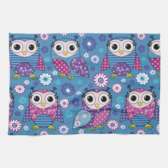 Cute Owls And Flowers Kitchen Towel (Horizontal)