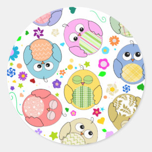 Cute Owls and Flowers pattern Classic Round Sticker
