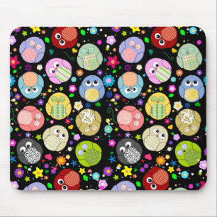 Cute Owls and Flowers pattern mousepad - Black