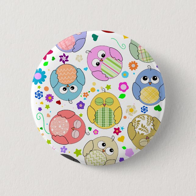 Cute Owls and Flowers pattern Pinback Button (Front)