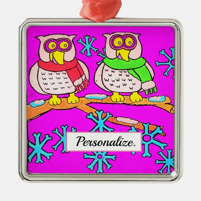 Cute Owls And Large Snowflakes Personalized Metal Ornament (Front)