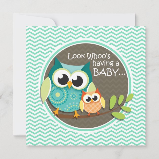 Cute Owls; Aqua Green Chevron Invitation (Front)