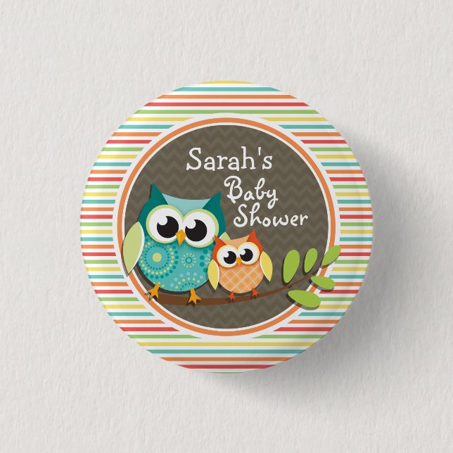 Cute Owls Baby Shower, Bright Rainbow Stripes Button (Front)