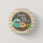 Cute Owls Baby Shower, Bright Rainbow Stripes Button at Zazzle