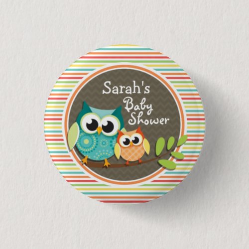 Cute Owls Baby Shower Bright Rainbow Stripes Button