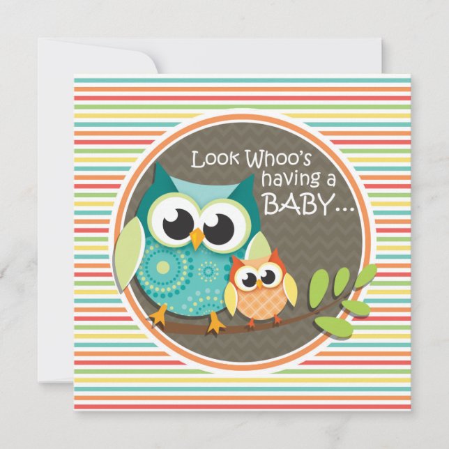 Cute Owls Baby Shower, Bright Rainbow Stripes Invitation (Front)