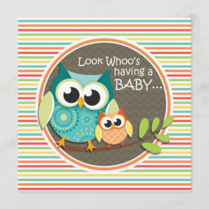 Cute Owls Baby Shower, Bright Rainbow Stripes Invitation
