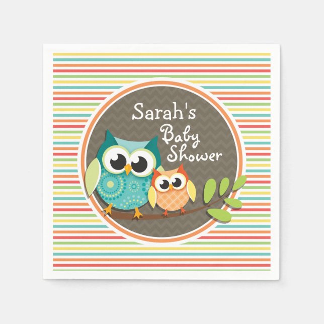 Cute Owls Baby Shower, Bright Rainbow Stripes Paper Napkins (Front)