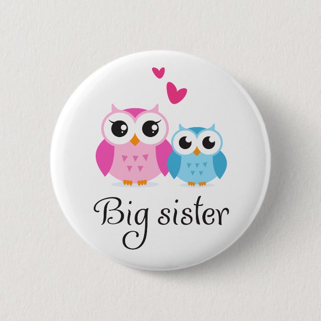 Cute owls big sister little brother cartoon button (Front)