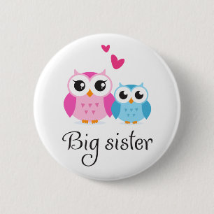 Cute owls big sister little brother cartoon button