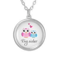Cute owls big sister little brother cartoon silver plated necklace